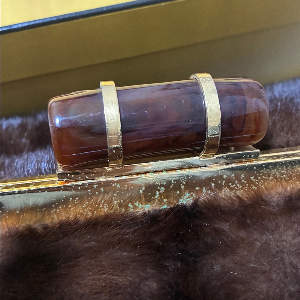Miu Miu Brown Mink Fur Oversized Clutch with Gold Handle Accent & Brown Strap - Picture 9 of 14